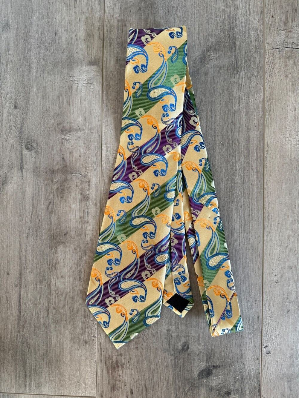 Kai Long Tie Necktie 100% Silk Yellow Purple Green Paisley - Hand Made